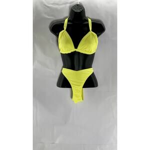 XHILARATION Women's Yellow Wide-Rib Cross-Back Cheeky Bikini Set SZ M